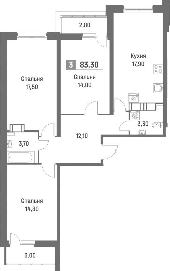 Планировка — Фотограф, 4-комн., 80 м²