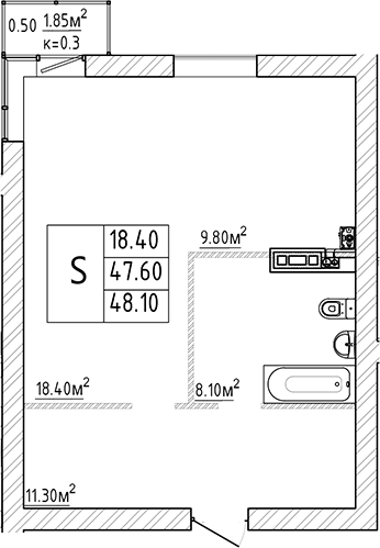 Планировка — Куралева, 13, Студия, 48 м²