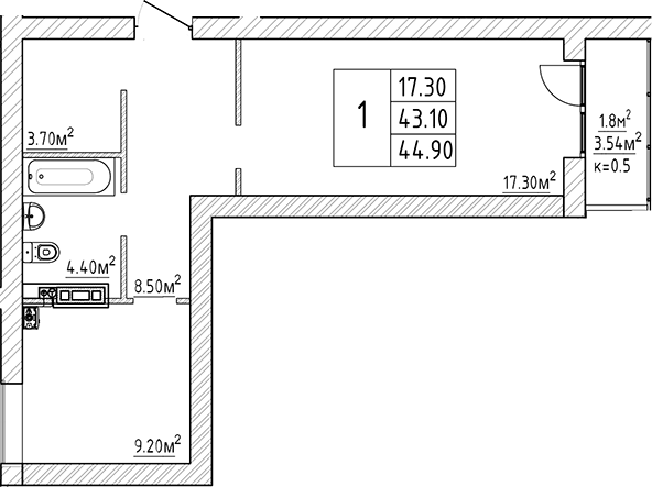 Планировка — Куралева, 13, 1-комн., 43 м²