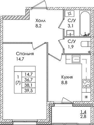 Планировка — Дзета, 1-комн., 37 м²