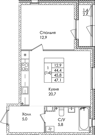 Планировка — Дзета, 2-комн., 44 м²