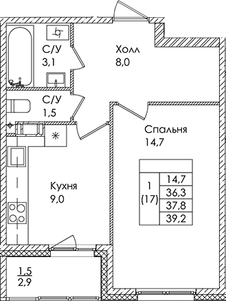 Планировка — Дзета, 1-комн., 36 м²