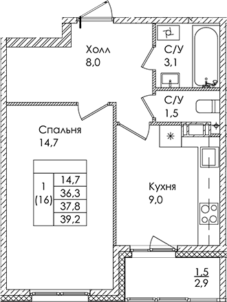 Планировка — Дзета, 1-комн., 36 м²