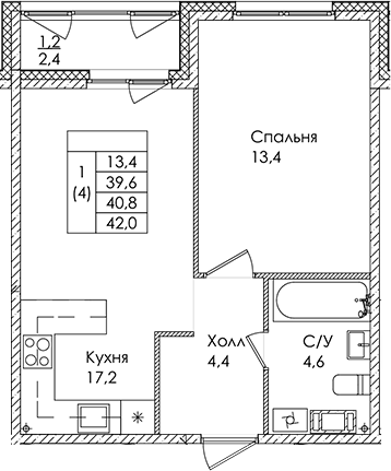 Планировка — Дзета, 2-комн., 40 м²