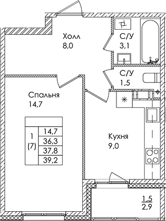 Планировка — Дзета, 1-комн., 36 м²