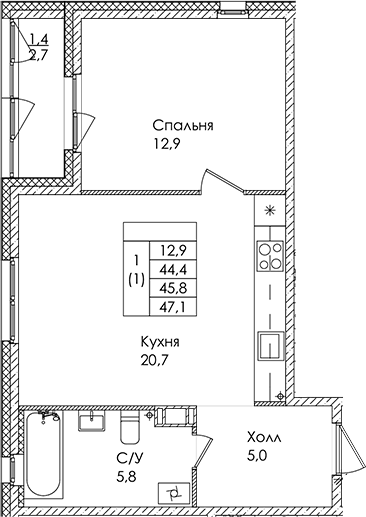 Планировка — Дзета, 2-комн., 44 м²