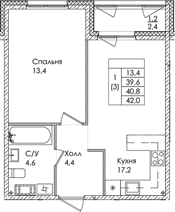 Планировка — Дзета, 2-комн., 40 м²