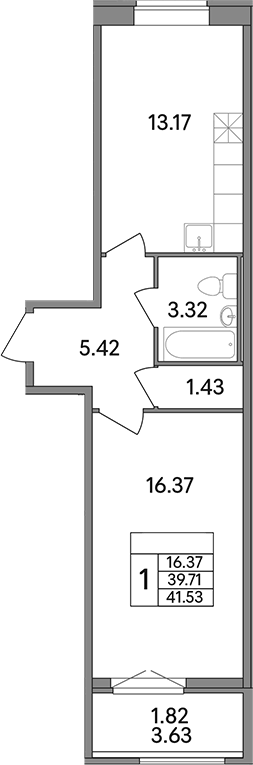 Планировка — Рождественский квартал, 1-комн., 40 м²