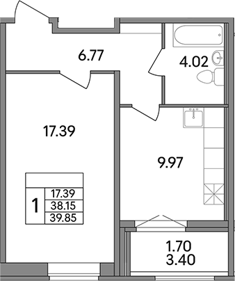Планировка — Рождественский квартал, 1-комн., 38 м²