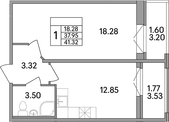 Планировка — Рождественский квартал, 1-комн., 38 м²