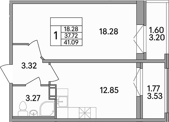 Планировка — Рождественский квартал, 1-комн., 38 м²