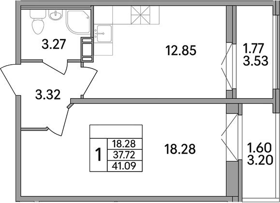 Планировка — Рождественский квартал, 1-комн., 38 м²