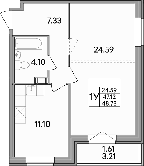 Планировка — Рождественский квартал, 1-комн., 47 м²