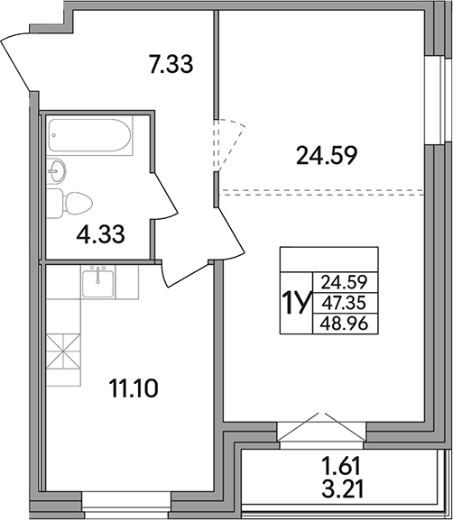 Планировка — Рождественский квартал, 1-комн., 47 м²
