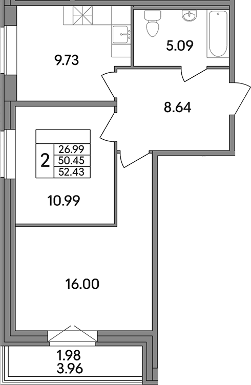 Планировка — Рождественский квартал, 2-комн., 50 м²