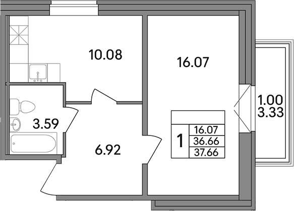 Планировка — Рождественский квартал, 1-комн., 37 м²