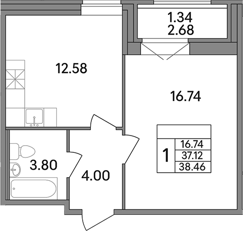Планировка — Рождественский квартал, 1-комн., 37 м²