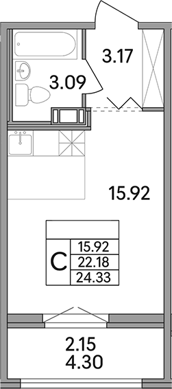 Планировка — Рождественский квартал, Студия, 22 м²