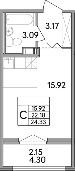 Планировка — Рождественский квартал, Студия, 22 м²