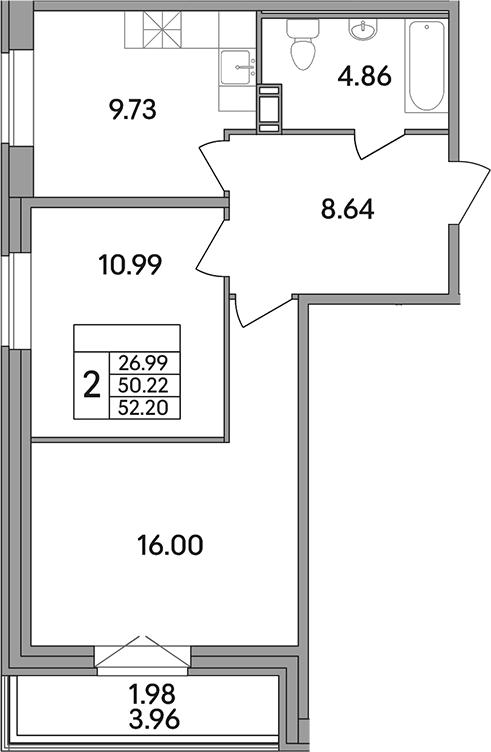 Планировка — Рождественский квартал, 2-комн., 50 м²