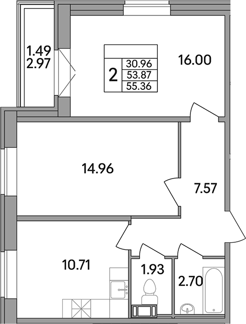 Планировка — Рождественский квартал, 2-комн., 54 м²