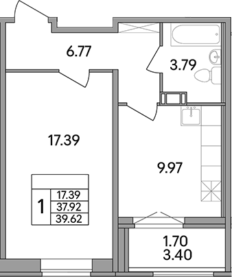 Планировка — Рождественский квартал, 1-комн., 38 м²