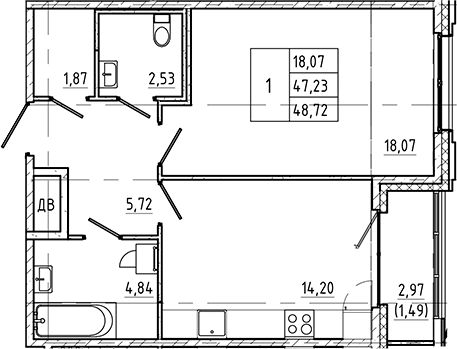 Планировка — Регенбоген, 1-комн., 49 м²