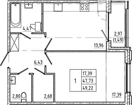 Планировка — Регенбоген, 1-комн., 48 м²
