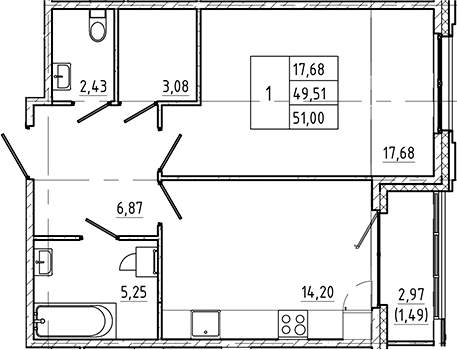 Планировка — Регенбоген, 1-комн., 50 м²