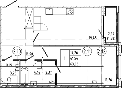 Планировка — Регенбоген, 1-комн., 62 м²