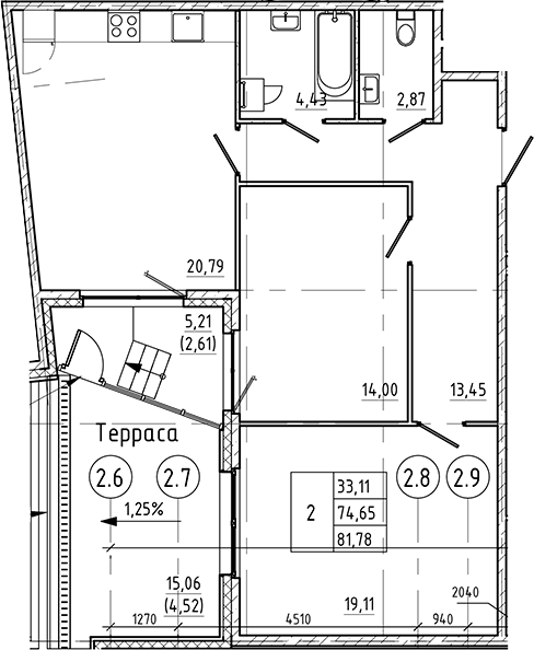 Планировка — Регенбоген, 2-комн., 75 м²