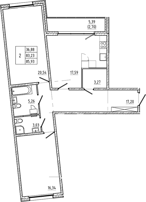 Планировка — Регенбоген, 2-комн., 83 м²