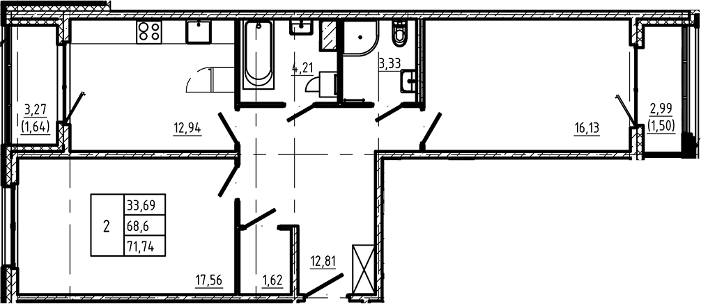 Планировка — Регенбоген, 2-комн., 71 м²