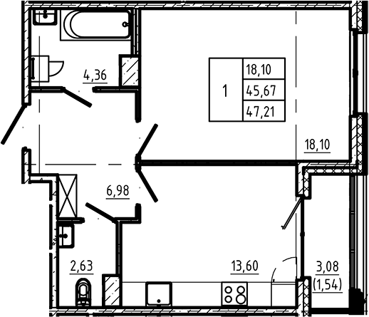 Планировка — Регенбоген, 1-комн., 46 м²