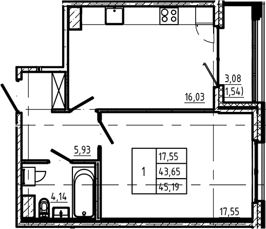 Планировка — Регенбоген, 1-комн., 44 м²