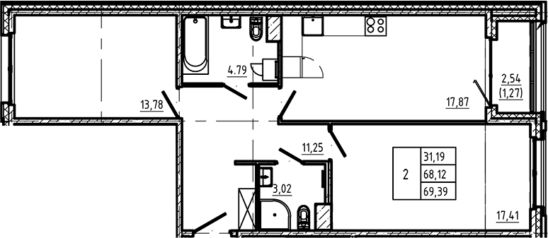 Планировка — Регенбоген, 2-комн., 69 м²