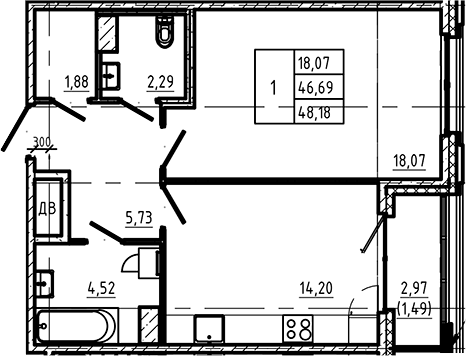 Планировка — Регенбоген, 1-комн., 48 м²