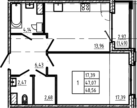 Планировка — Регенбоген, 1-комн., 47 м²