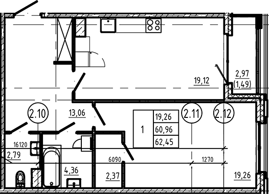 Планировка — Регенбоген, 1-комн., 61 м²