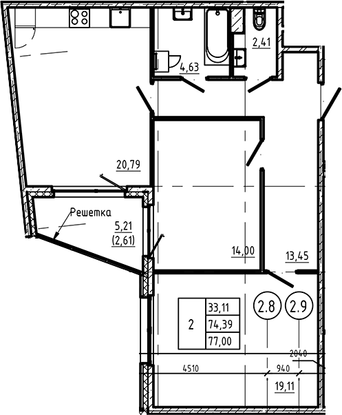 Планировка — Регенбоген, 2-комн., 74 м²