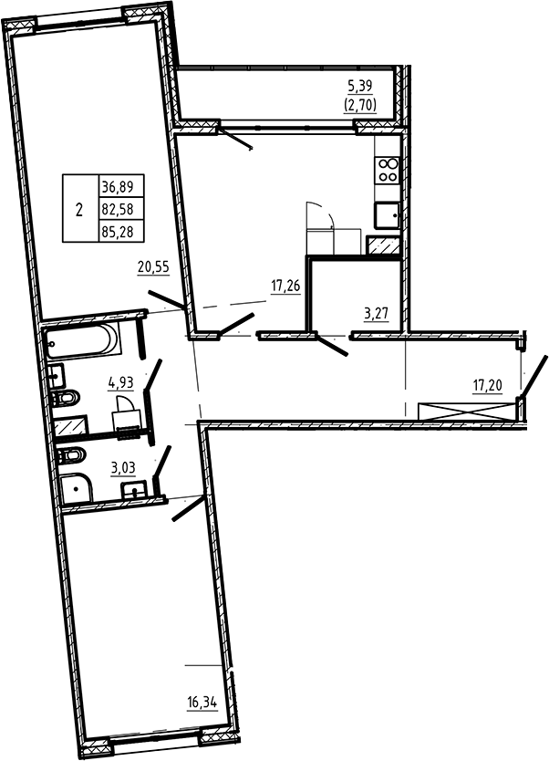 Планировка — Регенбоген, 2-комн., 83 м²