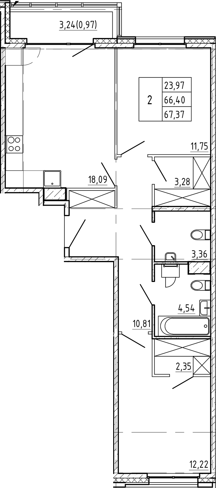 Планировка — Регенбоген, 2-комн., 66 м²