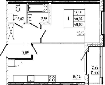 Планировка — Регенбоген, 1-комн., 47 м²