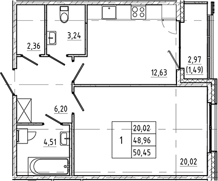 Планировка — Регенбоген, 1-комн., 49 м²