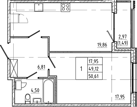 Планировка — Регенбоген, 1-комн., 49 м²
