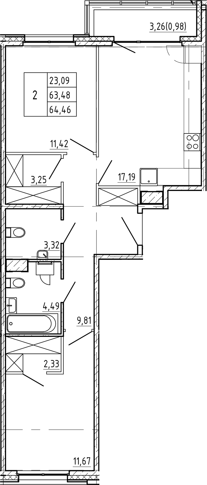Планировка — Регенбоген, 2-комн., 63 м²