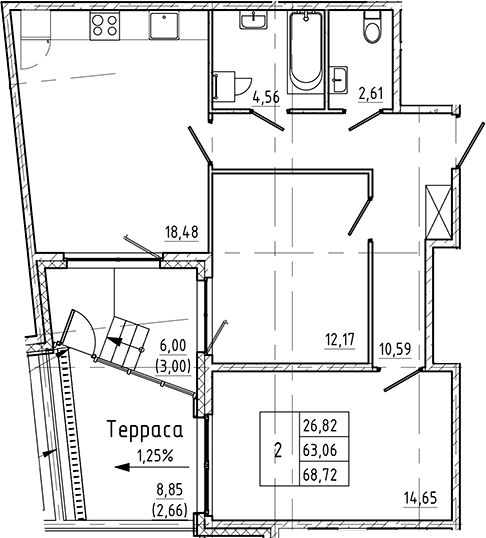 Планировка — Регенбоген, 2-комн., 63 м²