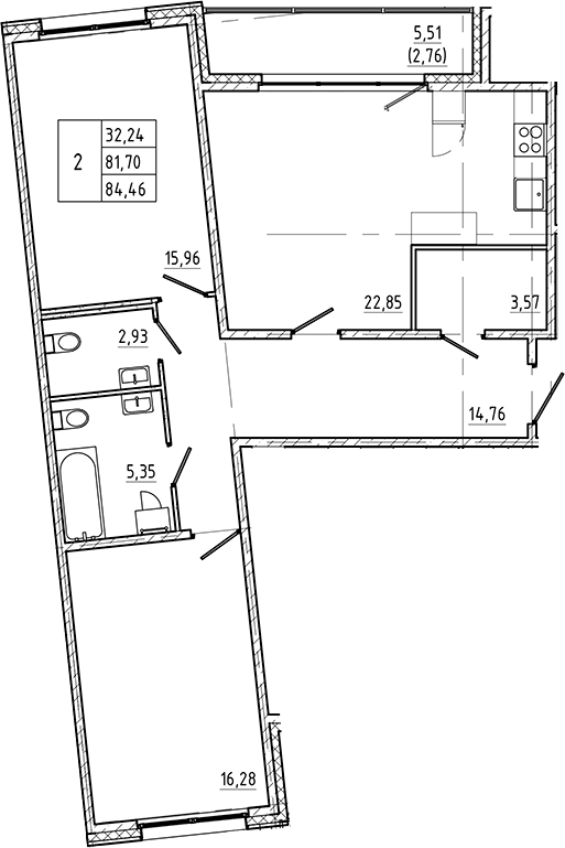 Планировка — Регенбоген, 2-комн., 82 м²