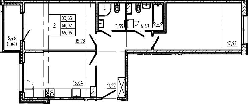 Планировка — Регенбоген, 2-комн., 68 м²