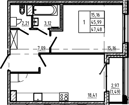 Планировка — Регенбоген, 1-комн., 46 м²